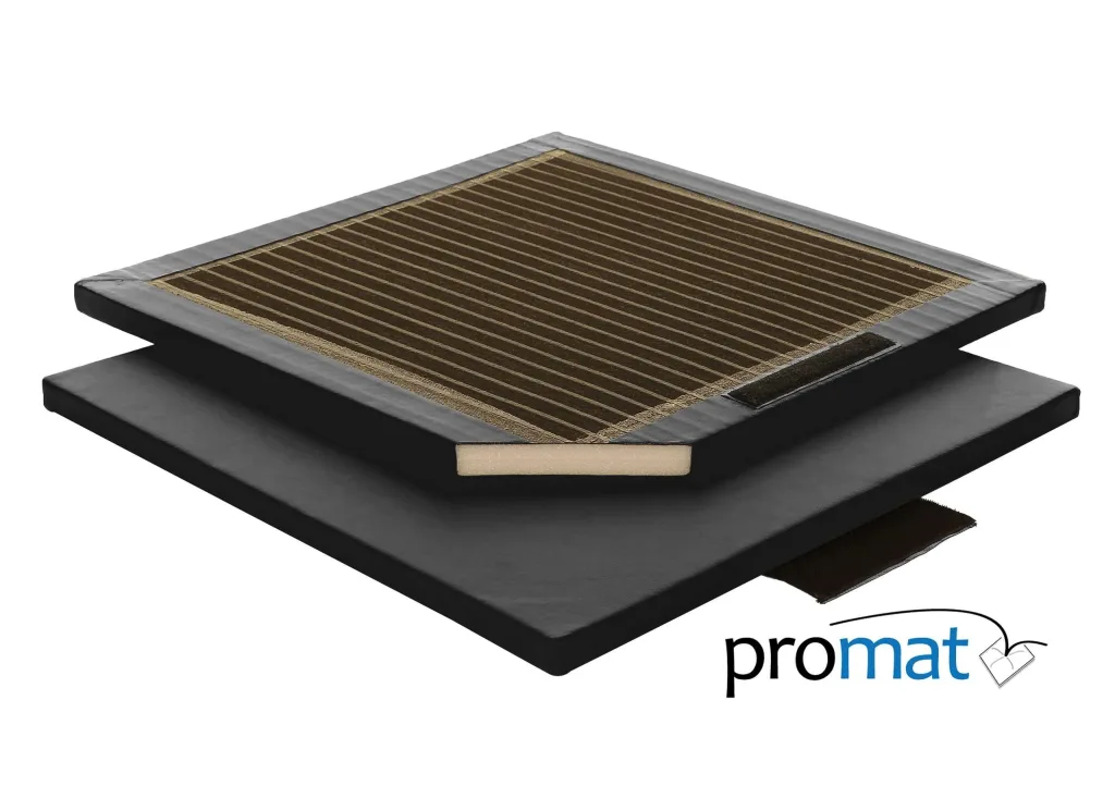 Black lightweight link gym mat folded on top of another, showing foam core, hook-and-loop tabs and promat logo.