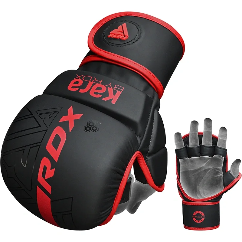 Black and red MMA sparring glove and matching open-finger glove, with red text "RDX" and "Kara by RDX" visible on the gloves.