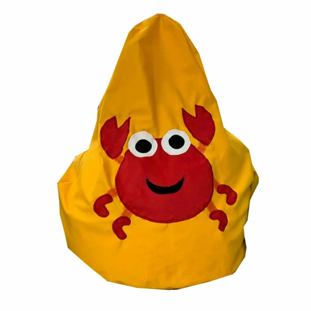 Yellow children's bean bag featuring a red smiling crab applique with large white-and-black eyes and raised claws.