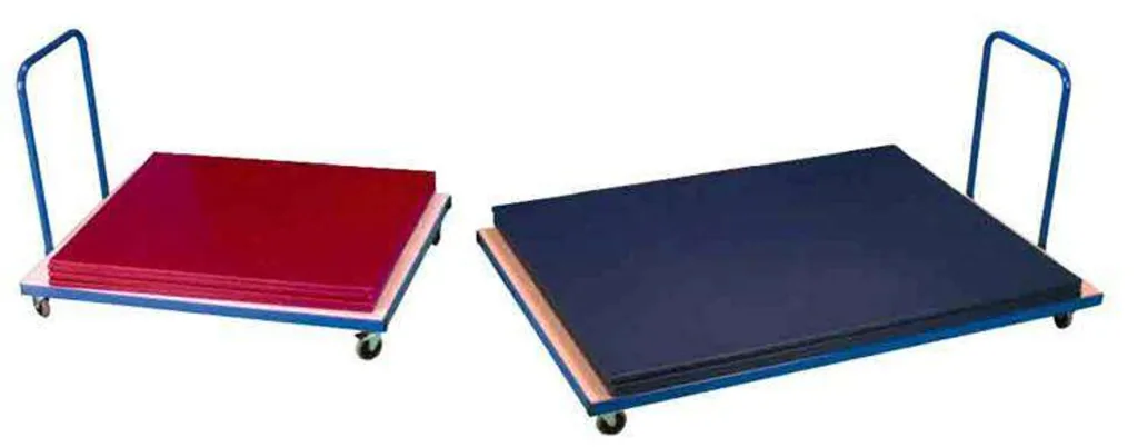 Blue horizontal mat trolley with detachable handle and heavy-duty castors carrying stacked exercise mats.