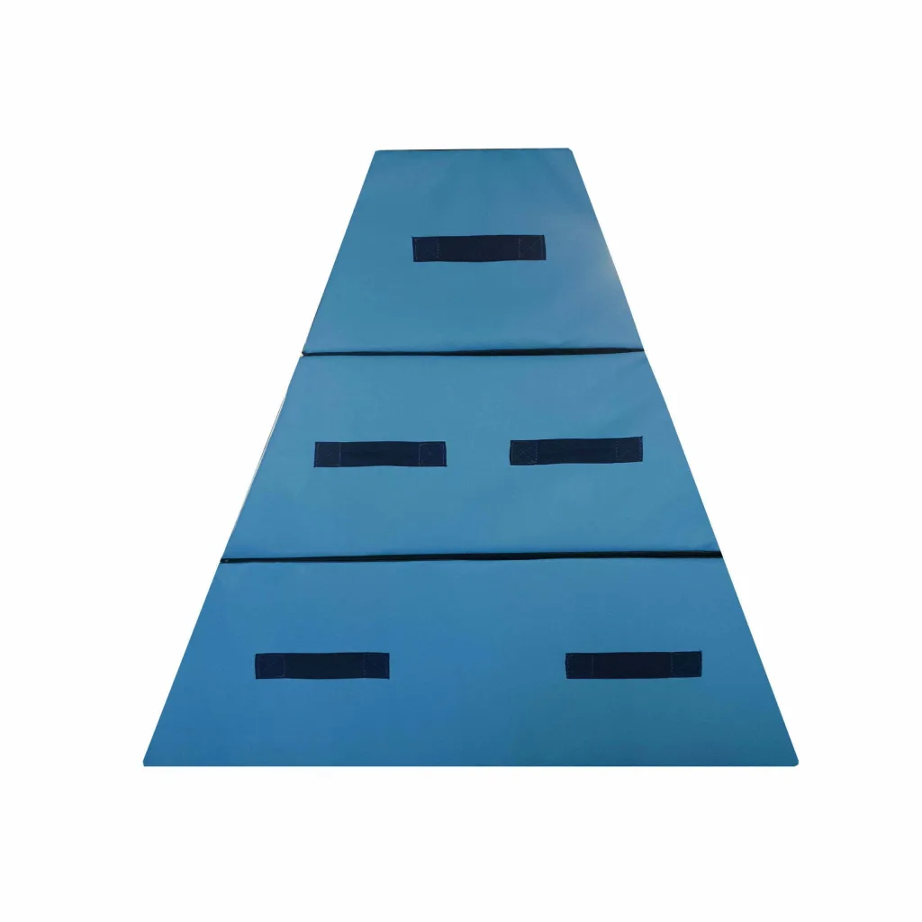 Blue three-section vault box with heavy-duty flame-retardant PVC cover and dark carry handles, shown flat with sections attached.