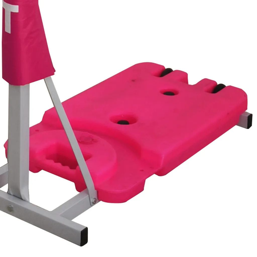 Junior netball unit base with black telescopic pole, black pole padding marked T, and removable black ballast box.