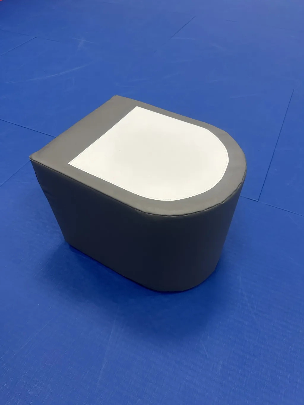 Gray foam toilet with a white top patch and heavy duty PVC cover on a blue mat.