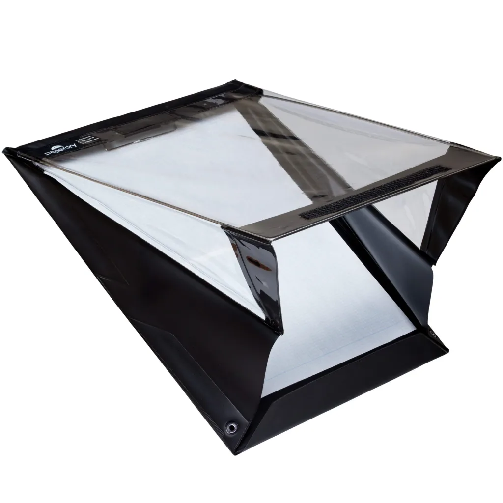 Waterproof PVC clipboard with clear plastic top, black PVC sides, internal clip holding paper and two pen slots.