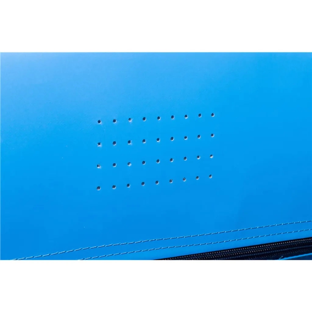 Blue landing mat panel with a rectangular grid of small ventilation holes, visible stitching and a zipper along the bottom edge.