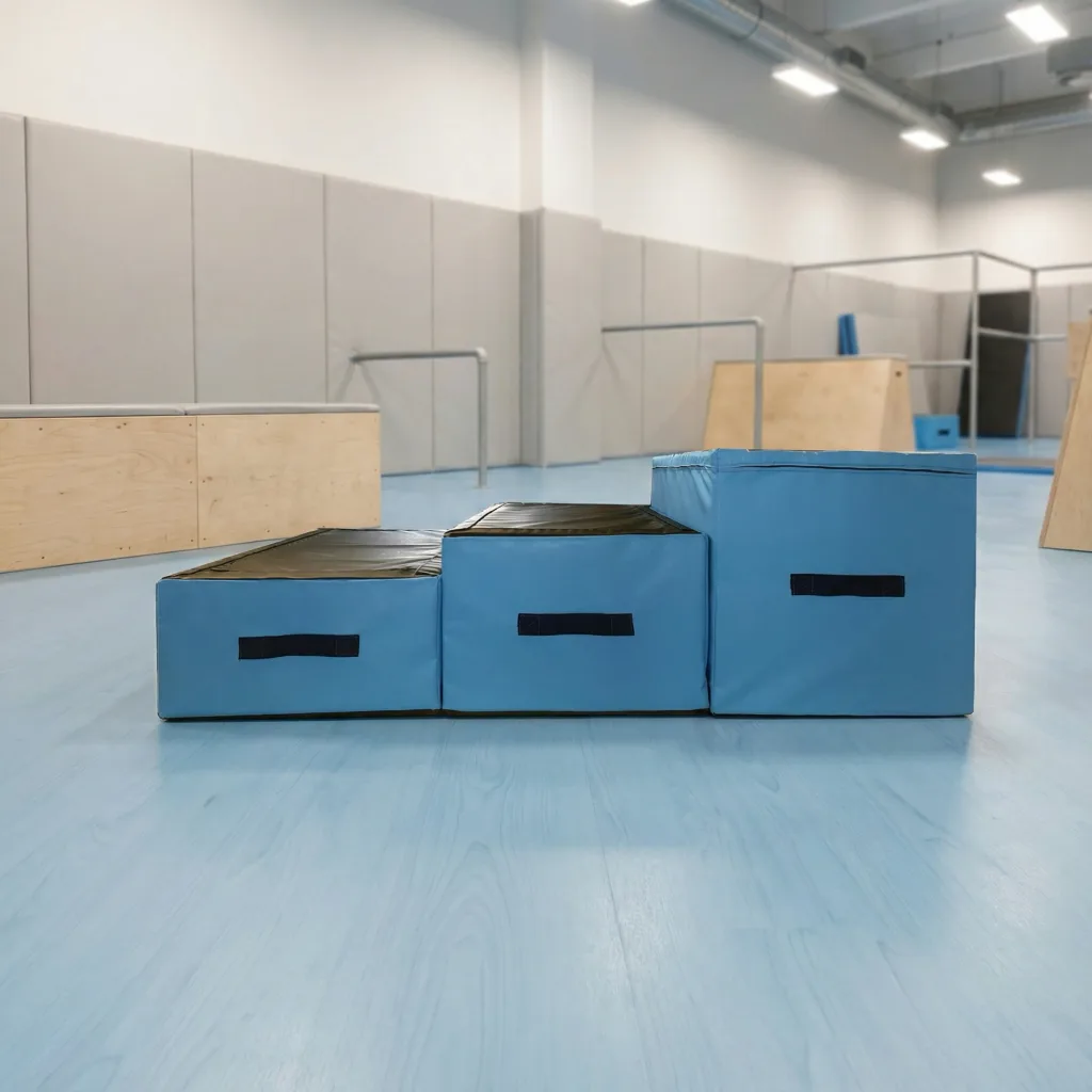 Three blue foam parkour jumping blocks of increasing height with black tops and black carry handles arranged as steps on a light-blue gym floor.