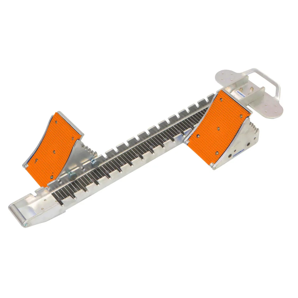 Aluminium starting blocks with two textured orange footplates, notched centre bar with numbered markings and a carry handle.