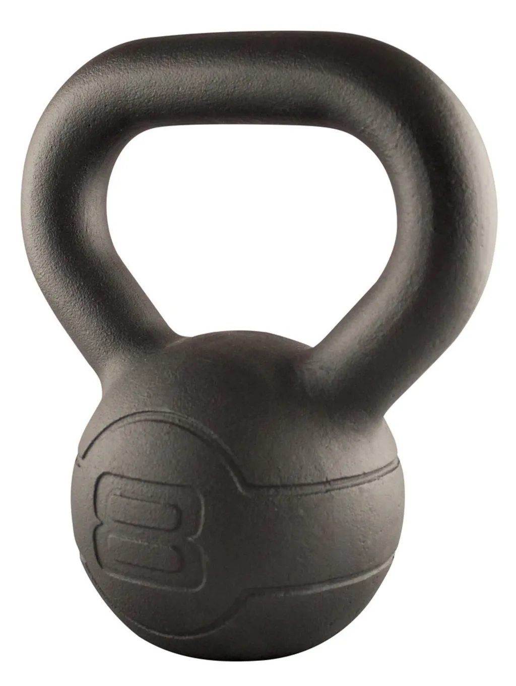 Cast iron kettlebell with a matte coating and an embossed 8 on the front.