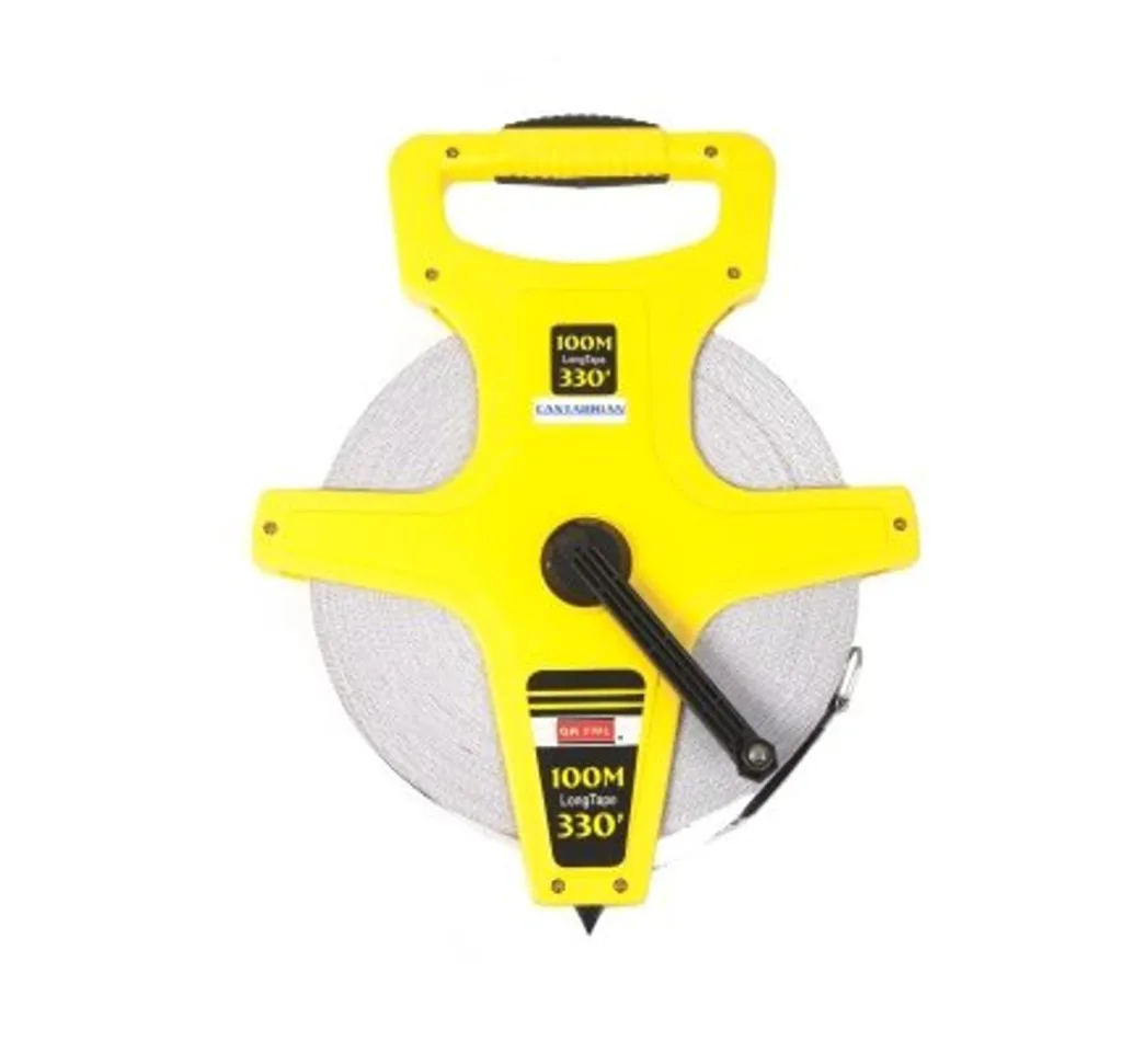 Yellow plastic reel measuring tape with cloth tape, black crank handle and label reading 100M LongTape 330'.