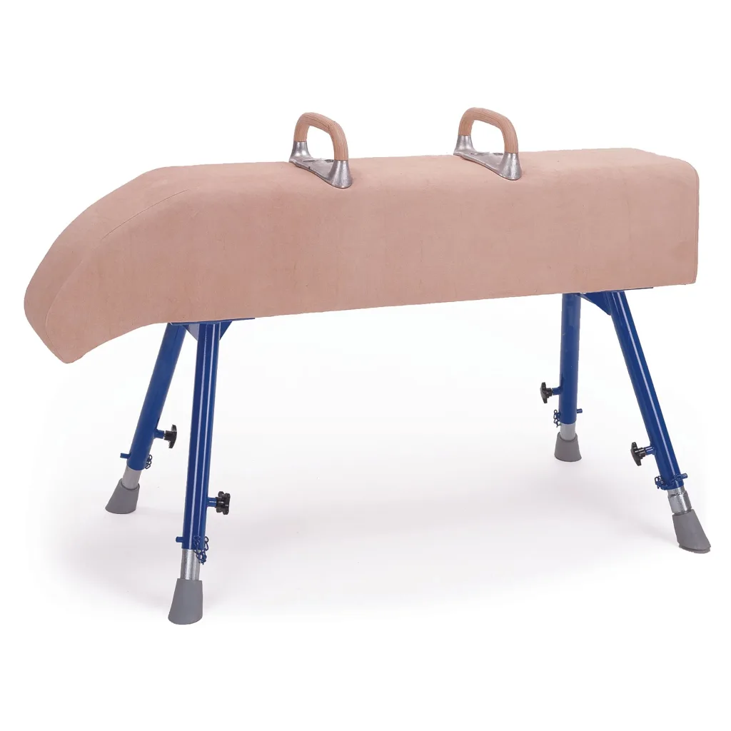 Padded hide vaulting buck with two wooden handles on metal mounts and fully adjustable steel legs.