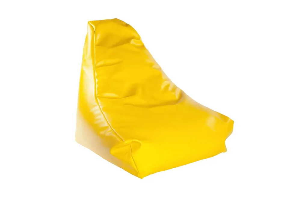 Yellow faux leather child-sized bean chair with a sloped seat and contoured high back.