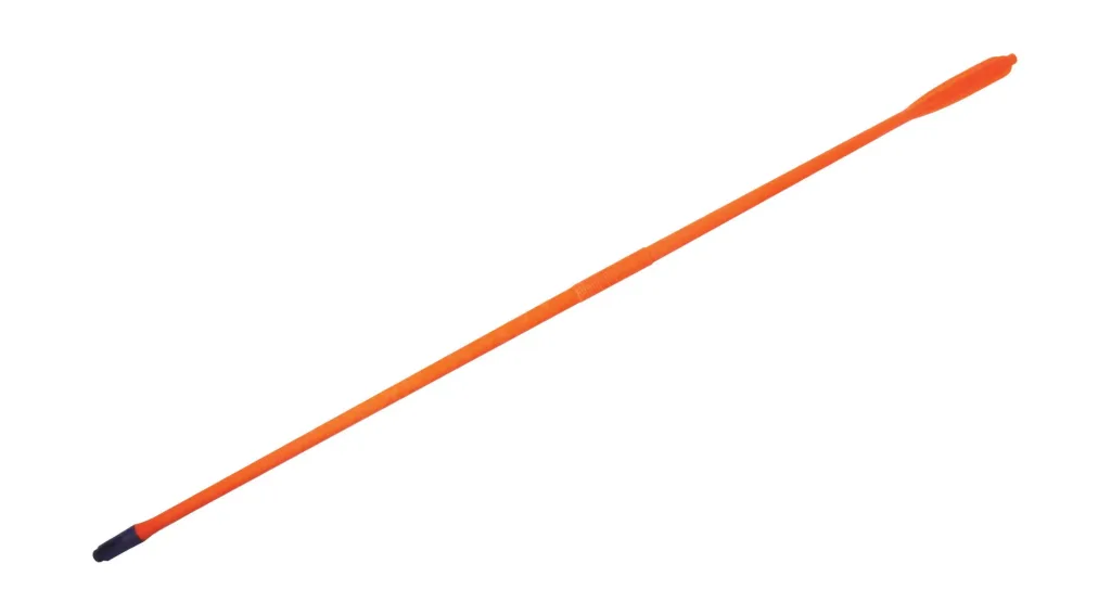 Orange plastic javelin with a dark tip and ribbed grip.