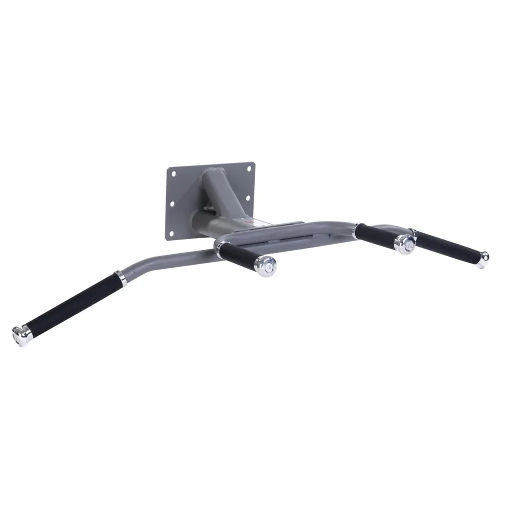 Grey steel chin bar with aluminium end caps and black rubber handgrips mounted on a square wall plate.