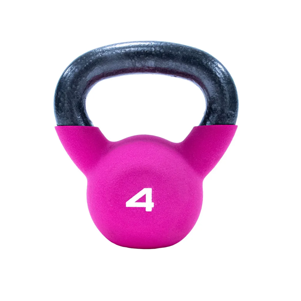 Neoprene-covered pink kettlebell with a black handle and "4" printed in white on the front.