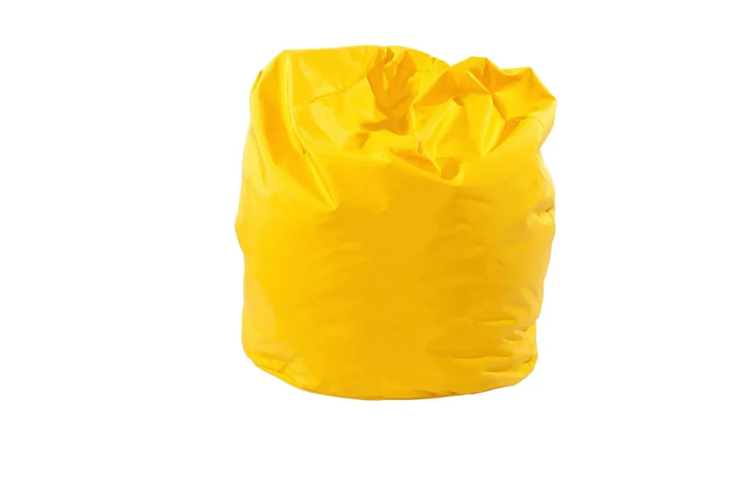 Yellow polyester child bean bag with a scooped seat and wrinkled top on a white background.