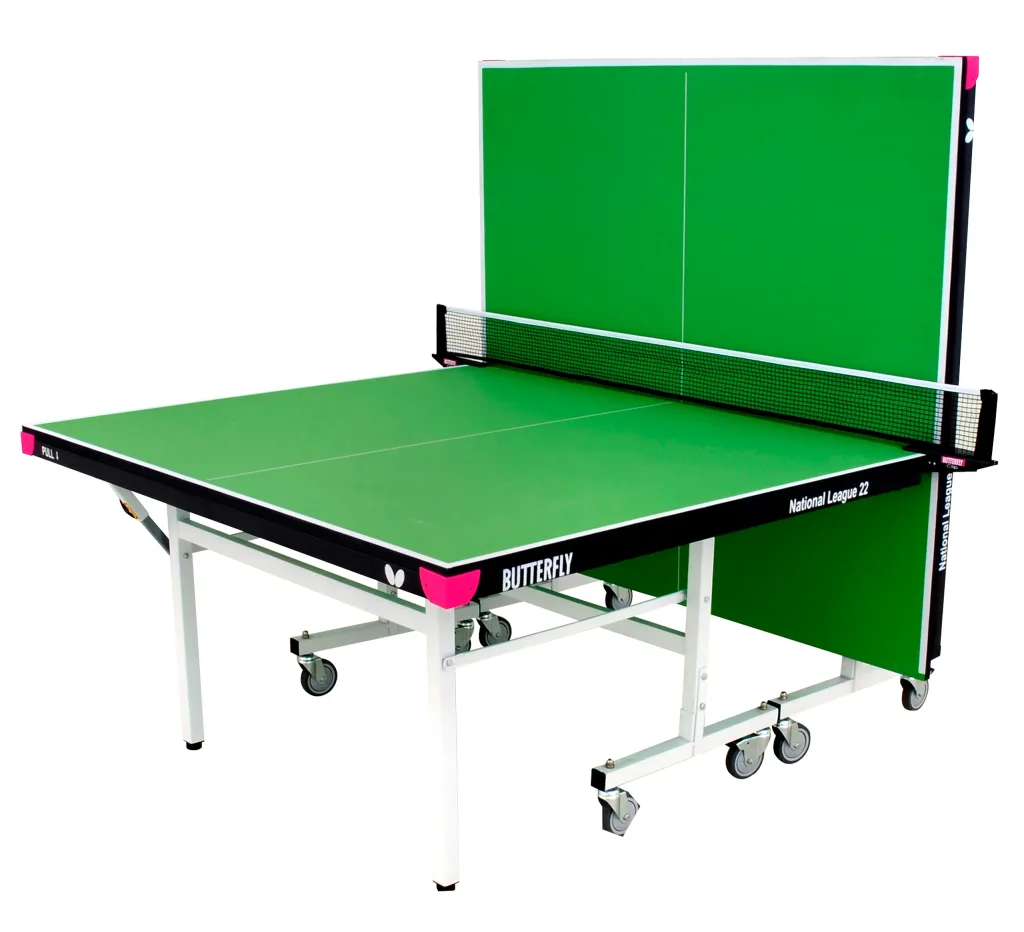 Green rollaway table tennis with one half folded upright, light silver legs, magenta corners, net, and text Butterfly and National League 22.