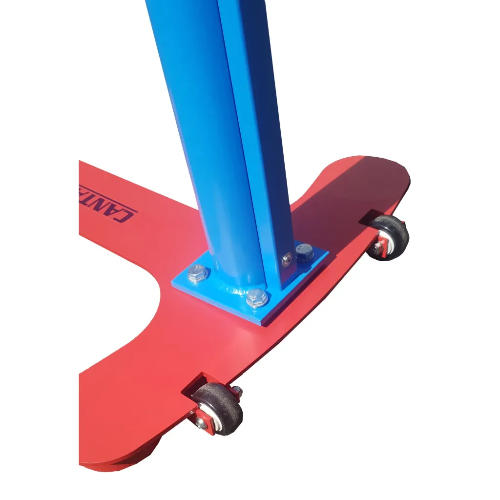 Blue extruded aluminium upright bolted to a red heavy-duty steel base with screw adjustments and small transport wheels.