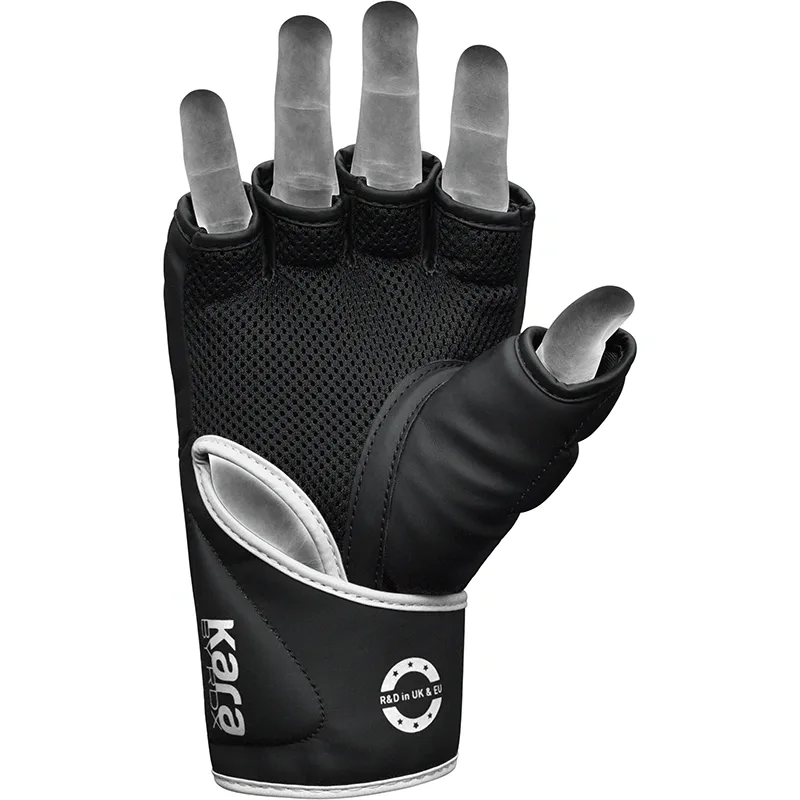 Black half-finger grappling glove in convex skin maya hide leather with white trim, 'kara' on the wrist and 'R&D in UK & EU' in a circular emblem.