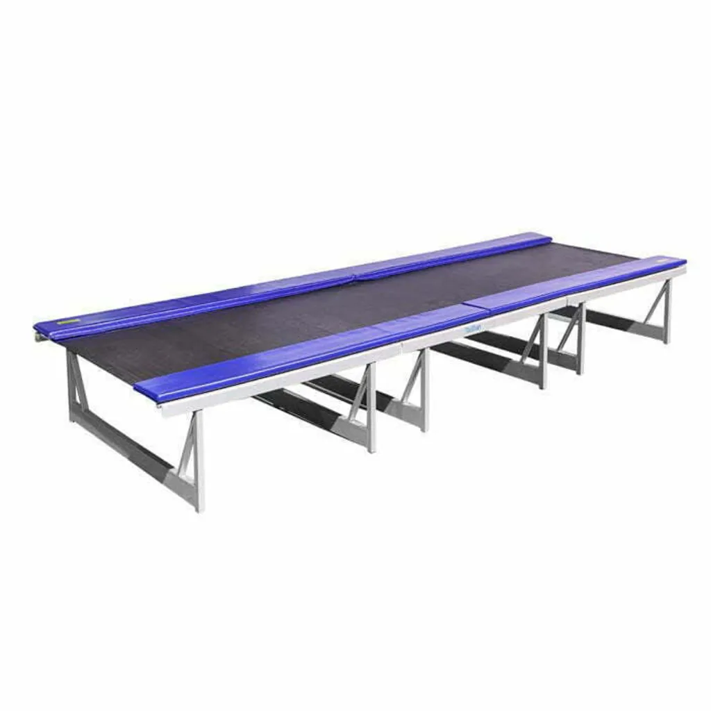 Long PVC-coated nylon mesh tumbling track with welded carbon steel frame, blue padded rails and steel springs underneath.