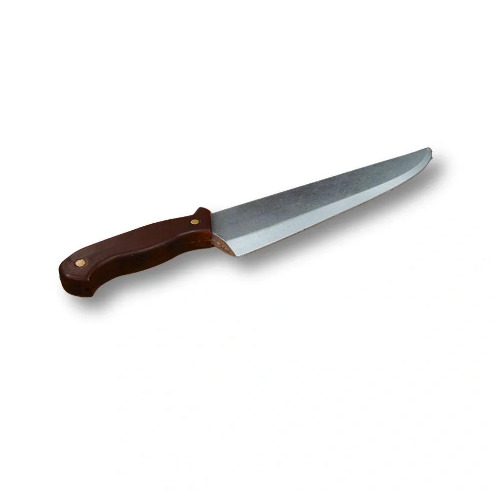 Realistic butcher's knife training prop made from PU foam with a brown handle and silver blade.