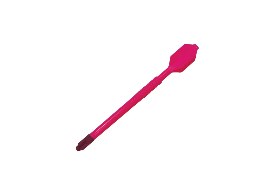 Bright pink plastic training javelin with a ribbed grip and dark tip, shown diagonally on a white background.