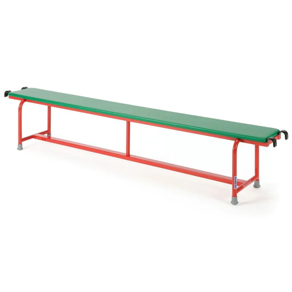 Green padded flame-retardant vinyl top on a red powder-coated steel balance bench with coated metal end hooks and grey non-marking rubber feet.