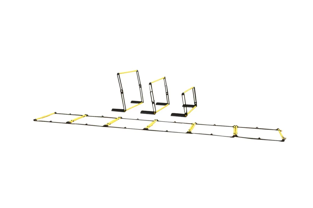 Pack of six yellow and black training hurdles arranged as an agility ladder with three folded hurdles standing behind.