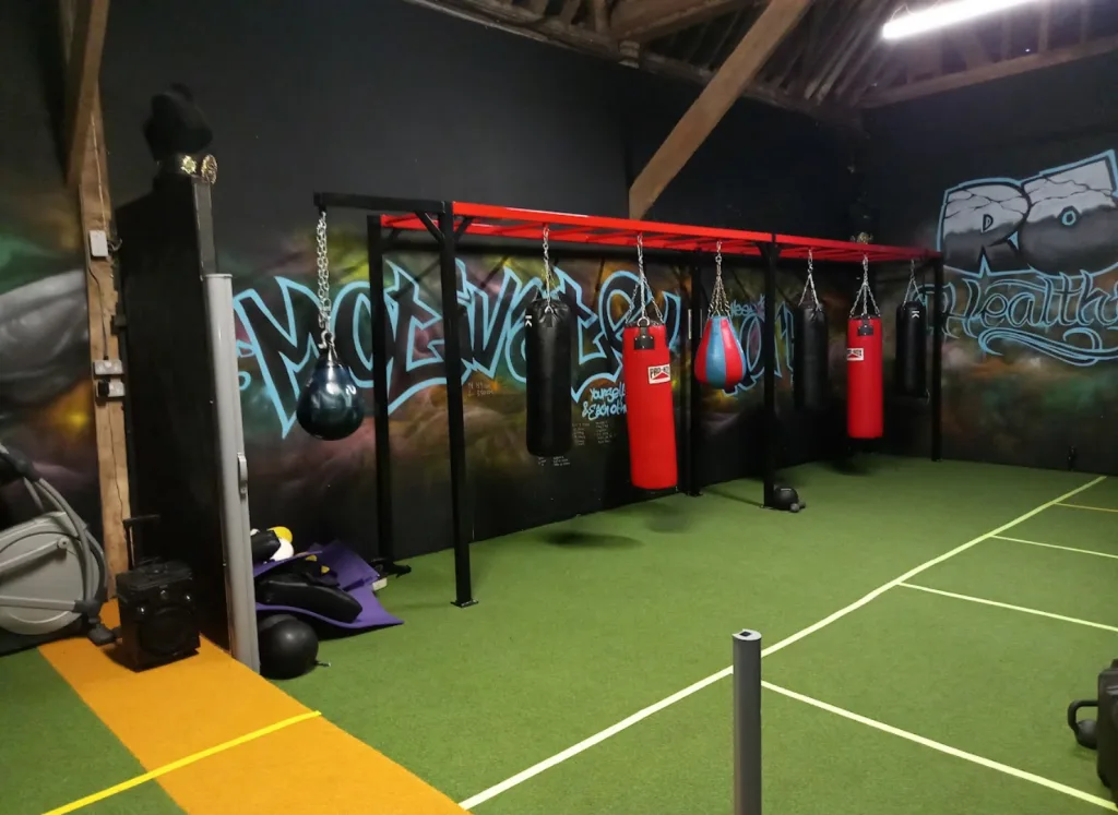 Steel equipment rig with powder-coated frame holding several hanging punching bags above green turf.