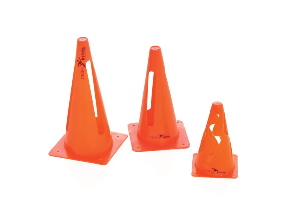 Three orange plastic collapsible cones with vertical cutouts, each labeled precision training.