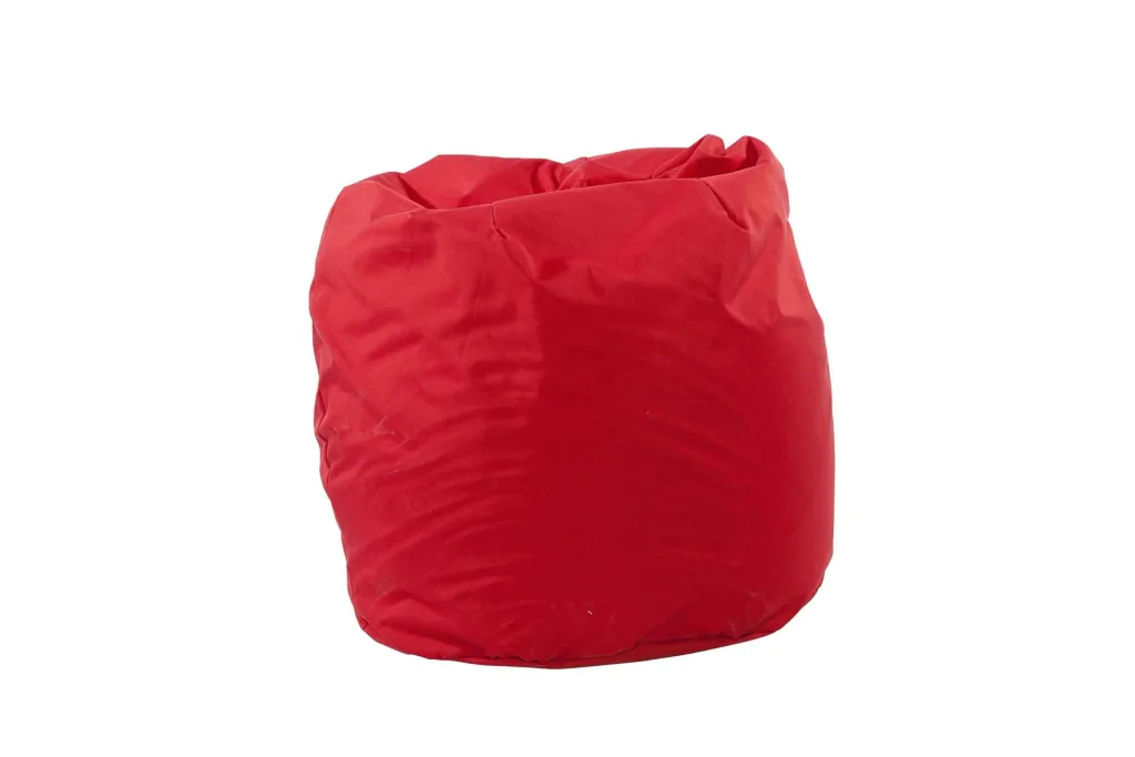 Red child bean bag with indoor/outdoor polyester removable cover, rounded shape, scooped top, and wrinkled surface.
