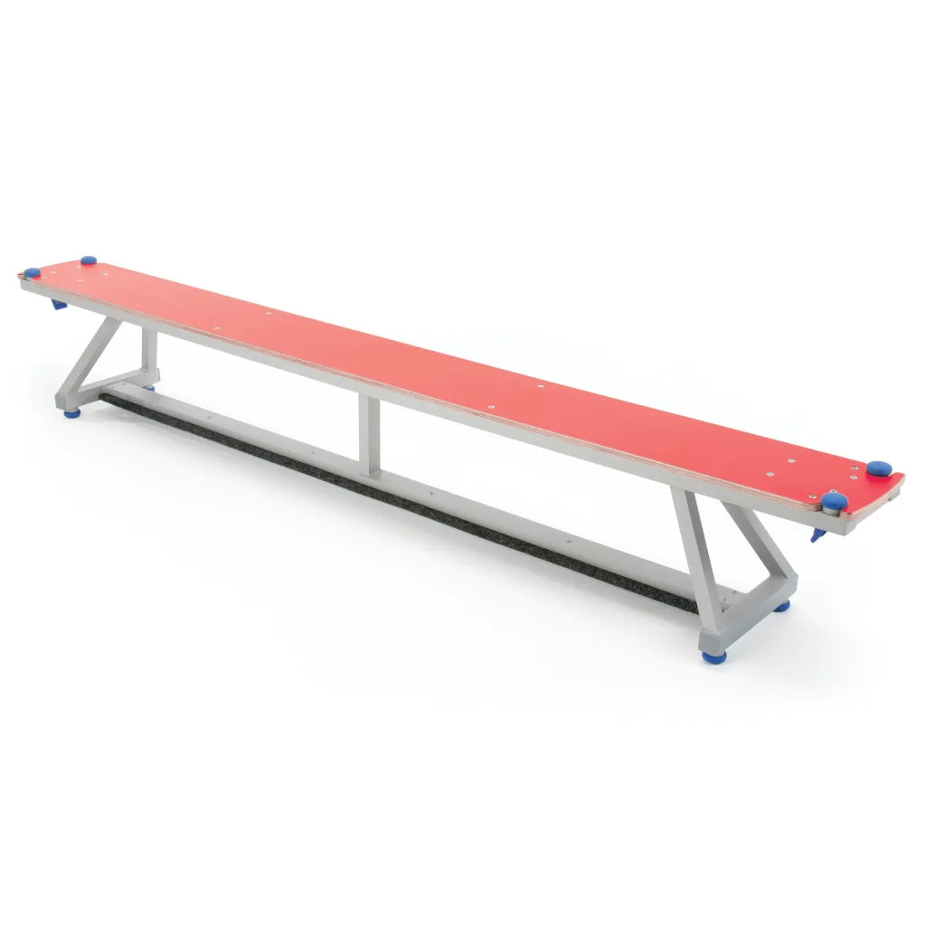 Aluminium bench with a red upholstered top, angled grey supports, and blue rubber feet.