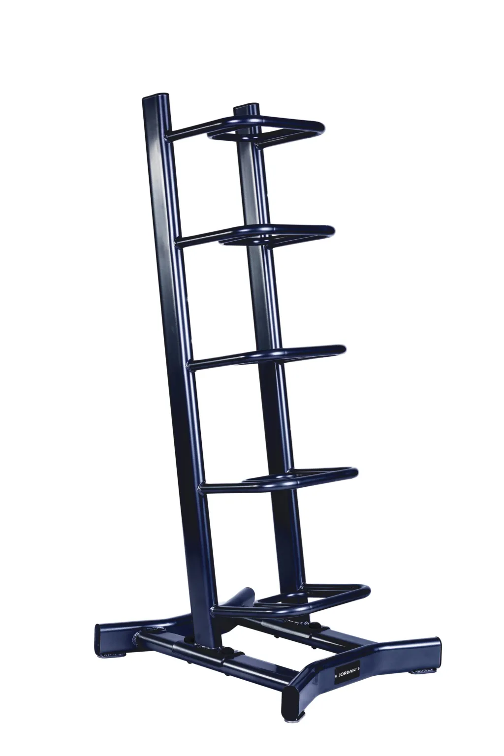 Powder-coated metal sandbag rack with five horizontal holders and a stable base.