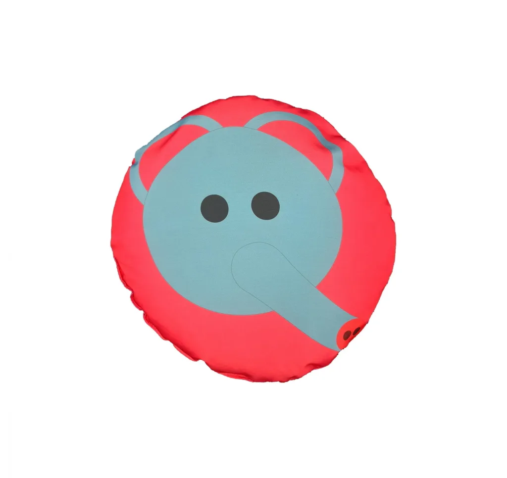 Round red scatter cushion printed with a teal elephant face, trunk, and black eyes, fibre-filled.