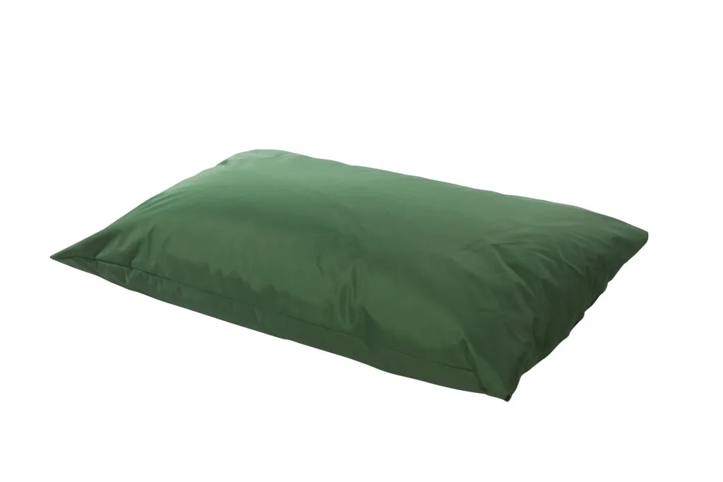 Large green polyester floor cushion for children with a low rectangular, pillow-like shape and removable liner.