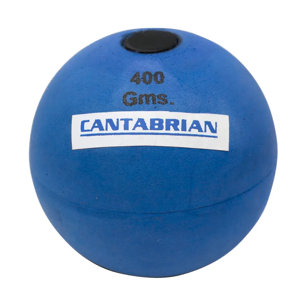 Blue vinyl javelin throwing ball marked 400 Gms. with black valve and visible seam, filled with loose lead or iron pallets.