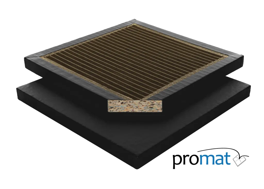 Two stacked black gym mats with ribbed top and a cutaway showing chip foam core, with the text "promat" visible.