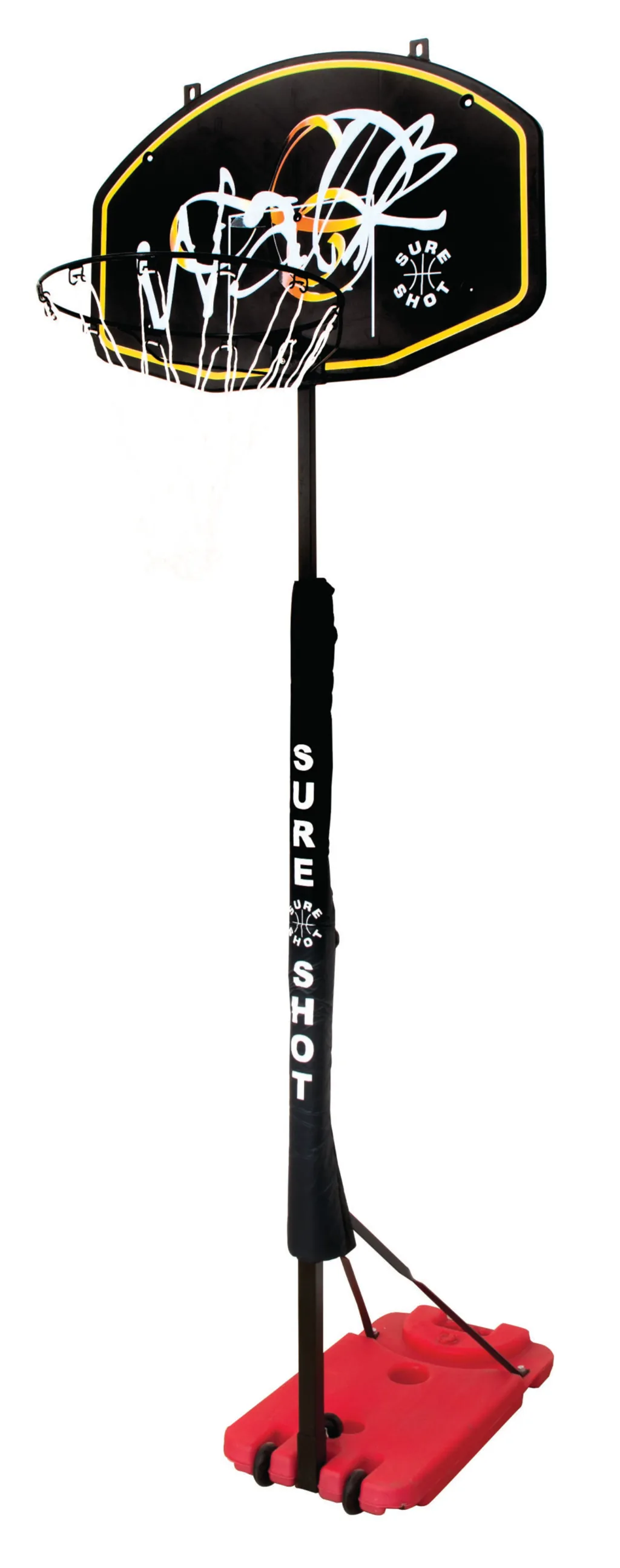 Portable basketball hoop with black backboard with yellow trim, steel ring and nylon net, adjustable pole and red plastic base labelled SURE SHOT.