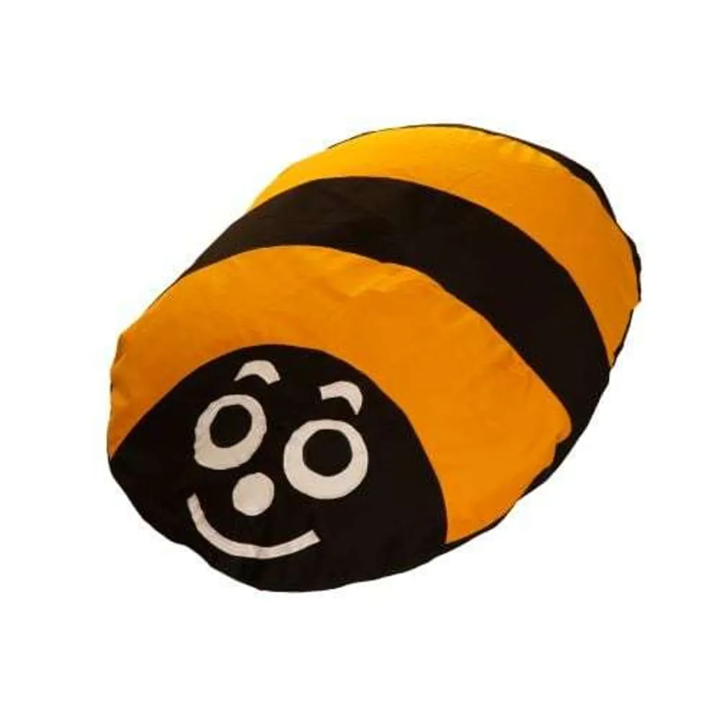 Round orange and black striped floor cushion resembling a smiling bee with large white eyes and a curved mouth.