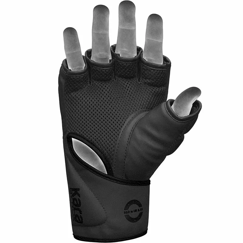 Fingerless black grappling glove made of Convex Skin Maya Hide leather with mesh back, padded thumb, wrist strap and text Kara.