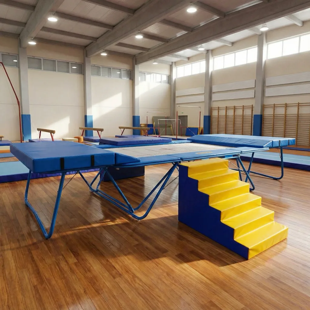 Blue foam steps with yellow treads positioned next to a rectangular trampoline in a bright indoor gymnasium.