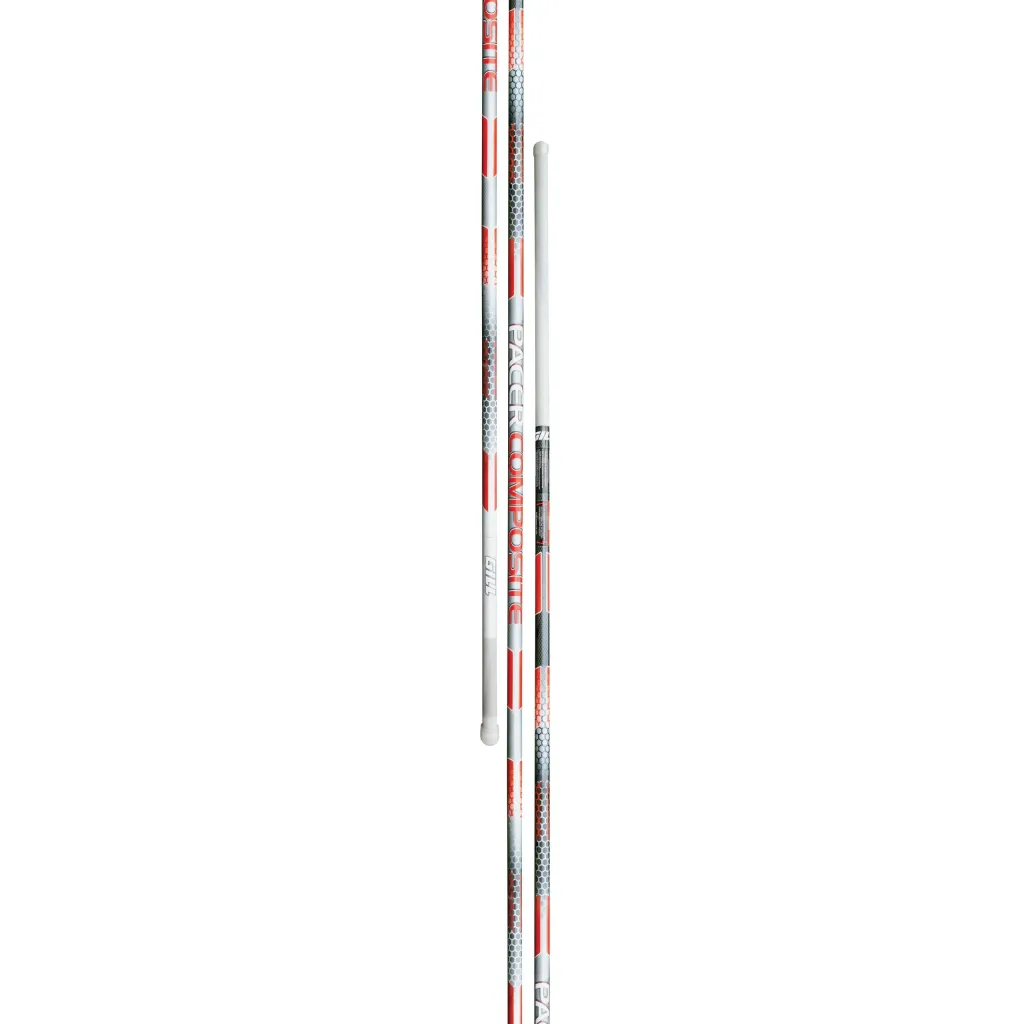 White vaulting pole with red and silver hex-pattern graphics and the text Pacer Composite along the shaft.
