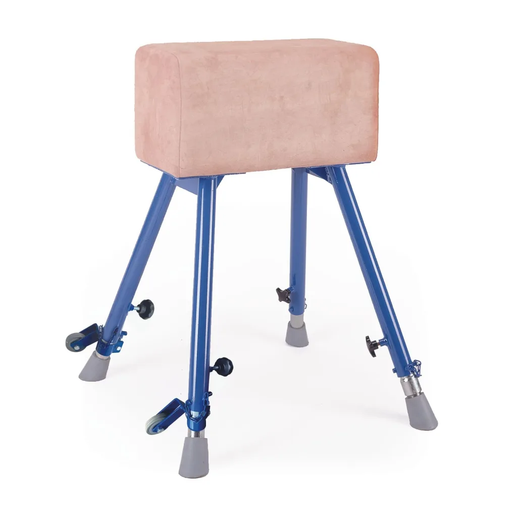 Padded pink hide vaulting buck on adjustable blue steel legs with rubber feet and casters.