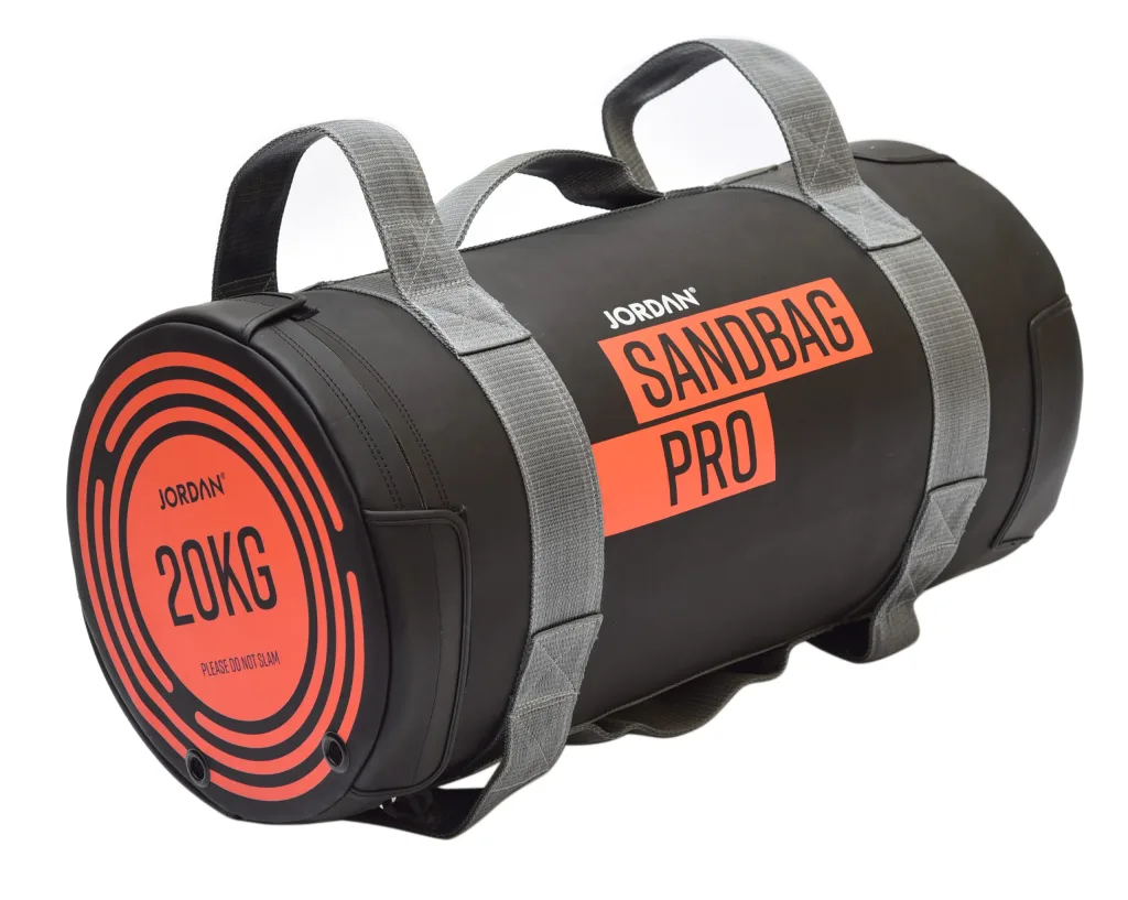 Black sandbag with grey webbing handles labeled SANDBAG PRO and 20KG, end text reads PLEASE DO NOT SLAM.