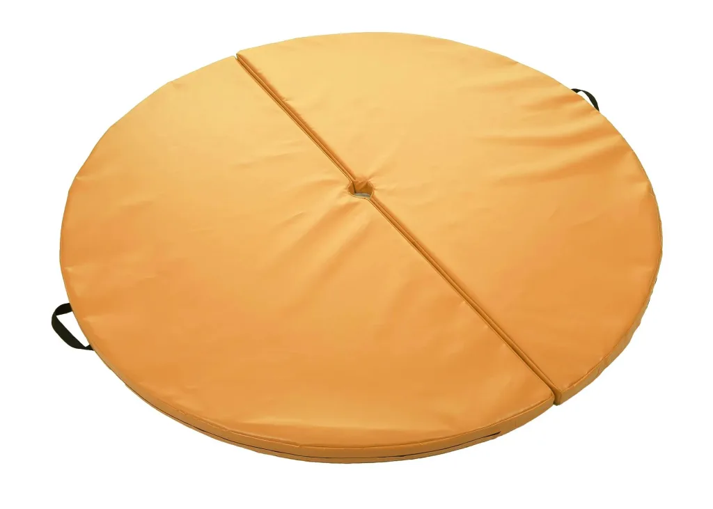 Round heavy-duty PVC two-piece pole mat with a central hole, a visible seam and hook-and-loop closure, and fixed carry handles.