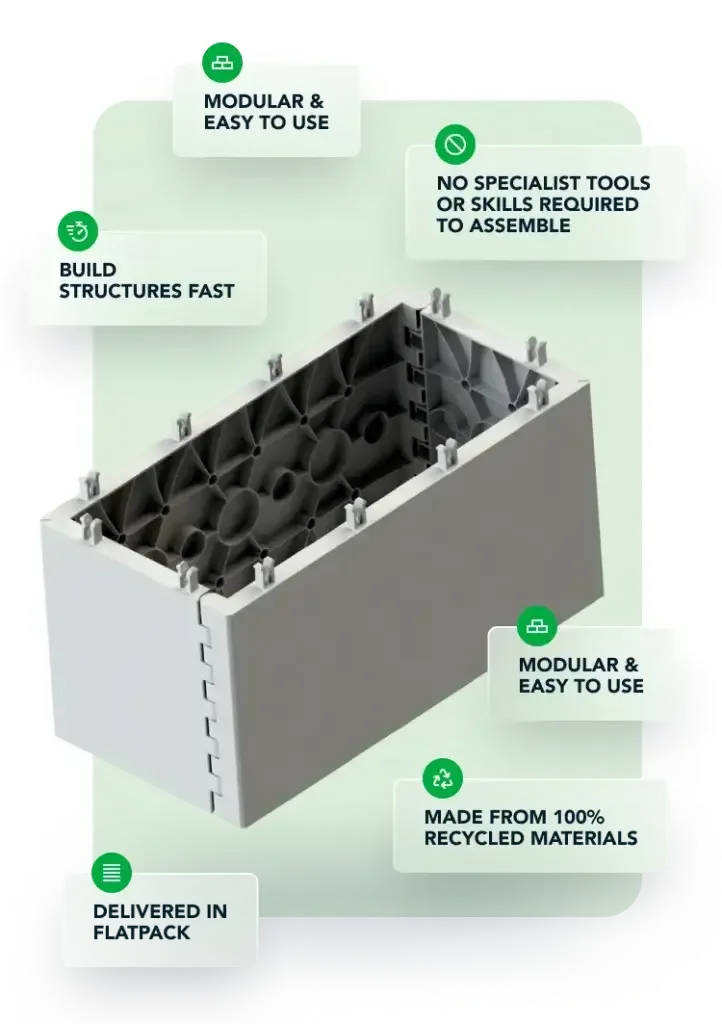 Grey QUICKBLOCK block with honeycomb interior and labels 'MODULAR & EASY TO USE', 'BUILD STRUCTURES FAST', 'MADE FROM 100% RECYCLED MATERIALS'.
