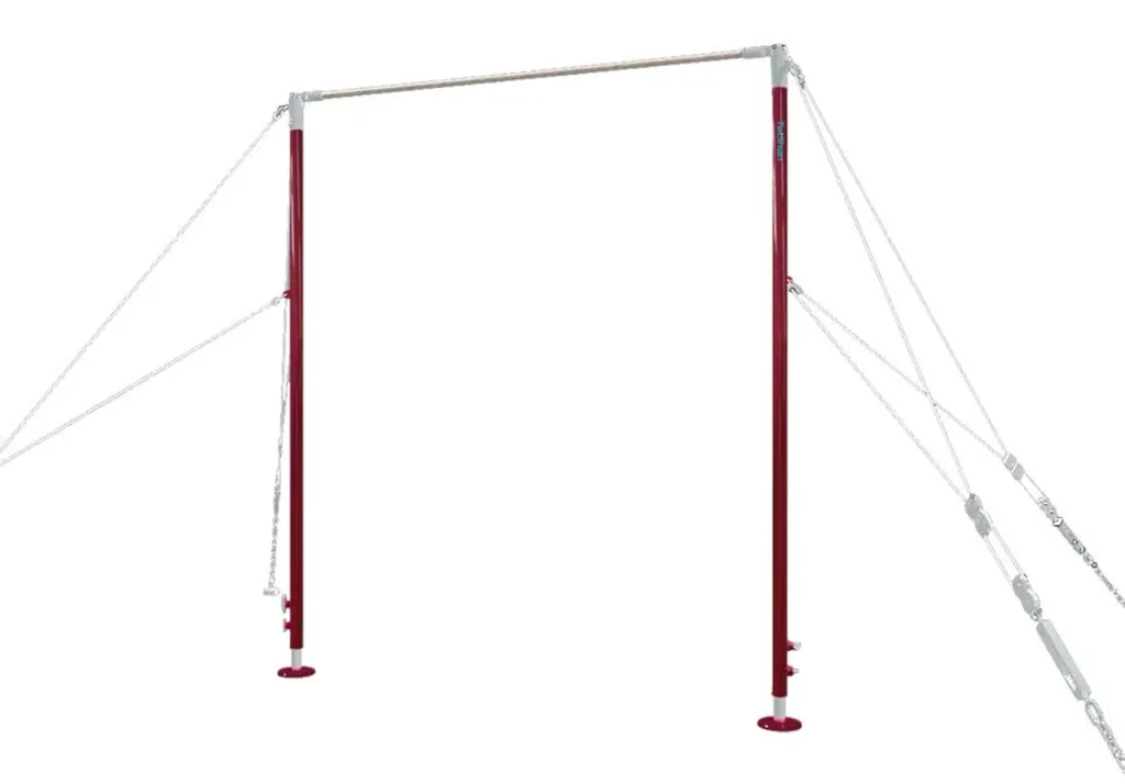 Competition high bar with carbon steel vertical posts, a horizontal bar and double stainless-steel cable tensioning system.