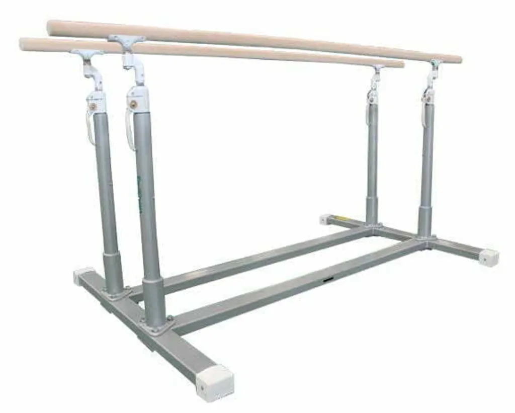 Training parallel bars with maple-wrapped fibreglass bars, carbon steel base, stainless steel uprights, tightening levers and height adjustment knobs.