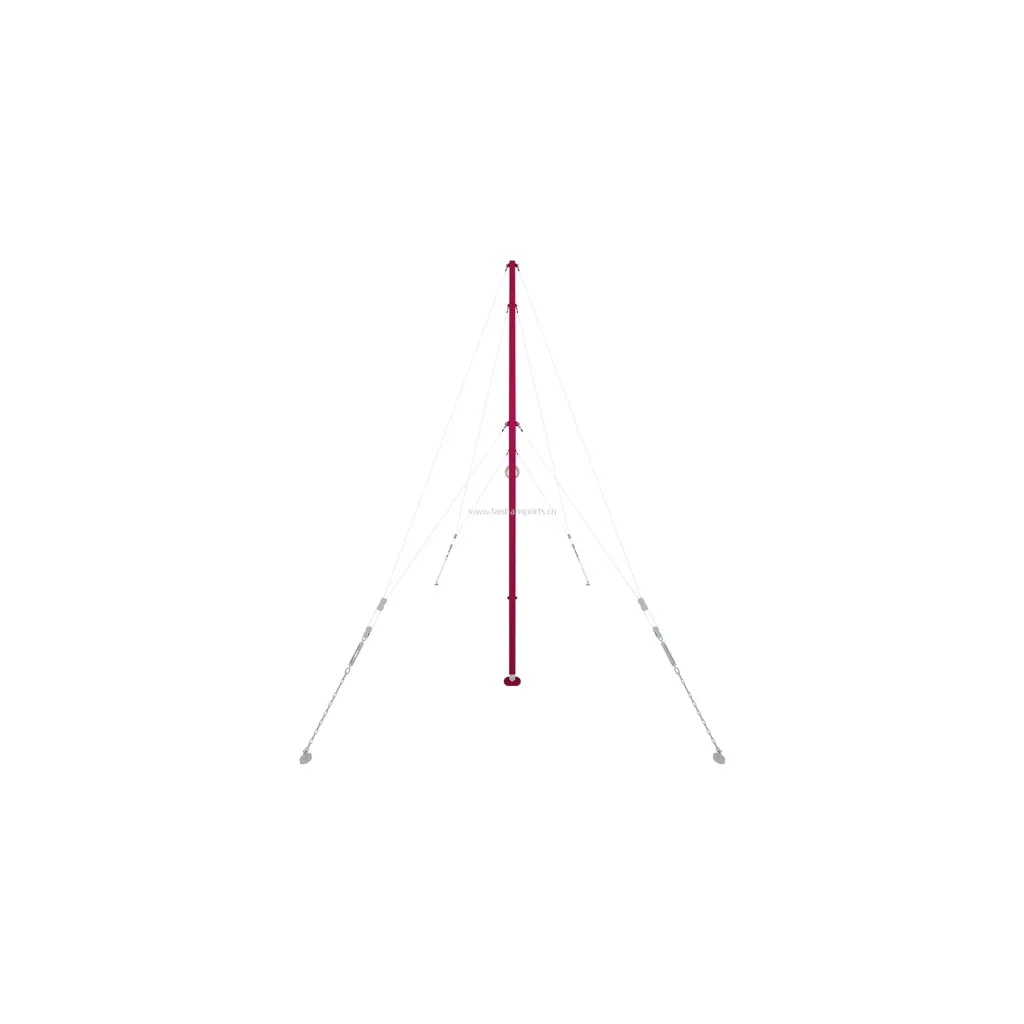 Red vertical ring frame with two composite wood rings suspended by steel cables and anchored to the floor by chains, www.taishansports.cn.