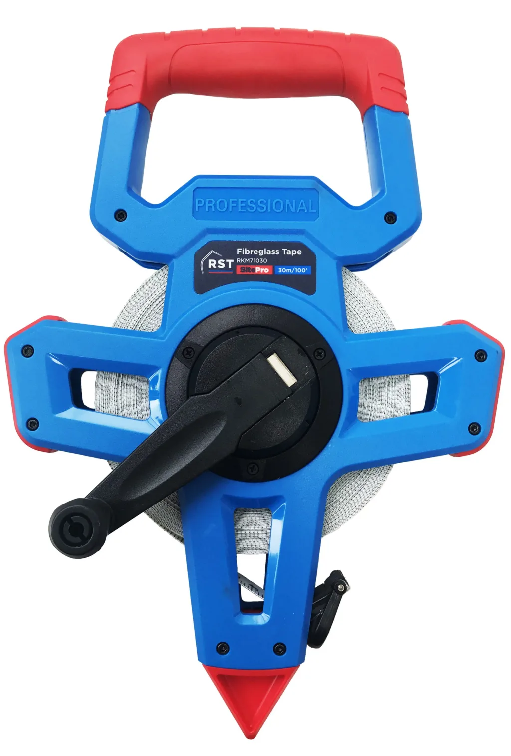 Blue and red open-reel fibreglass tape measure with crank, embossed PROFESSIONAL and label reading Fibreglass Tape RST 30m/100'.