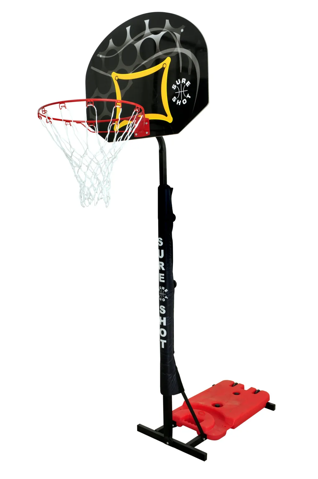 Portable basketball hoop with white backboard with red and black details, red rim and net, padded black pole reading SURE SHOT, and red base.